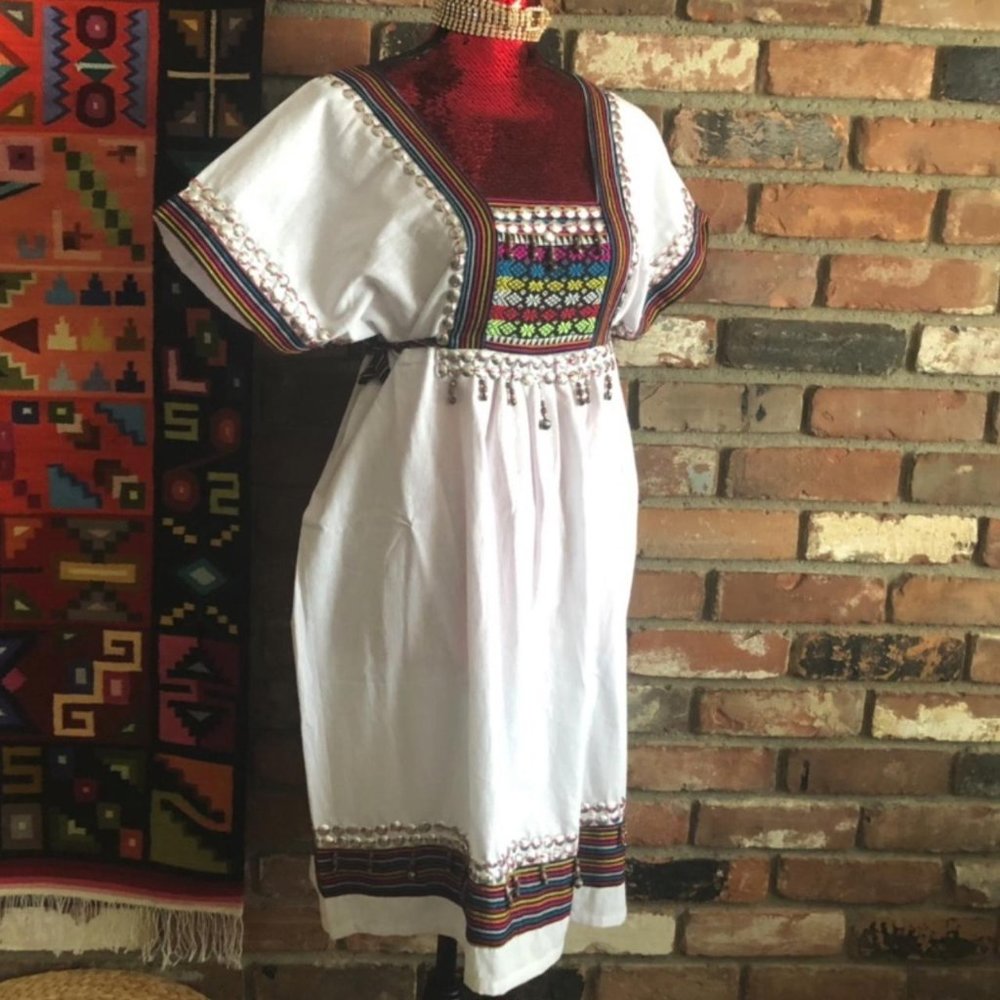 Thai Cotton Festival Tunic Pull-Over Dress, Bells, Metal Sequin, S-M